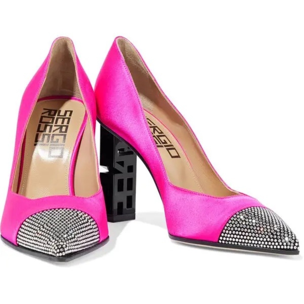 SERGIO ROSSI Super Heel Crystal-Embellished Neon Bright Pink Satin Pumps 34 4 - Picture 1 of 10